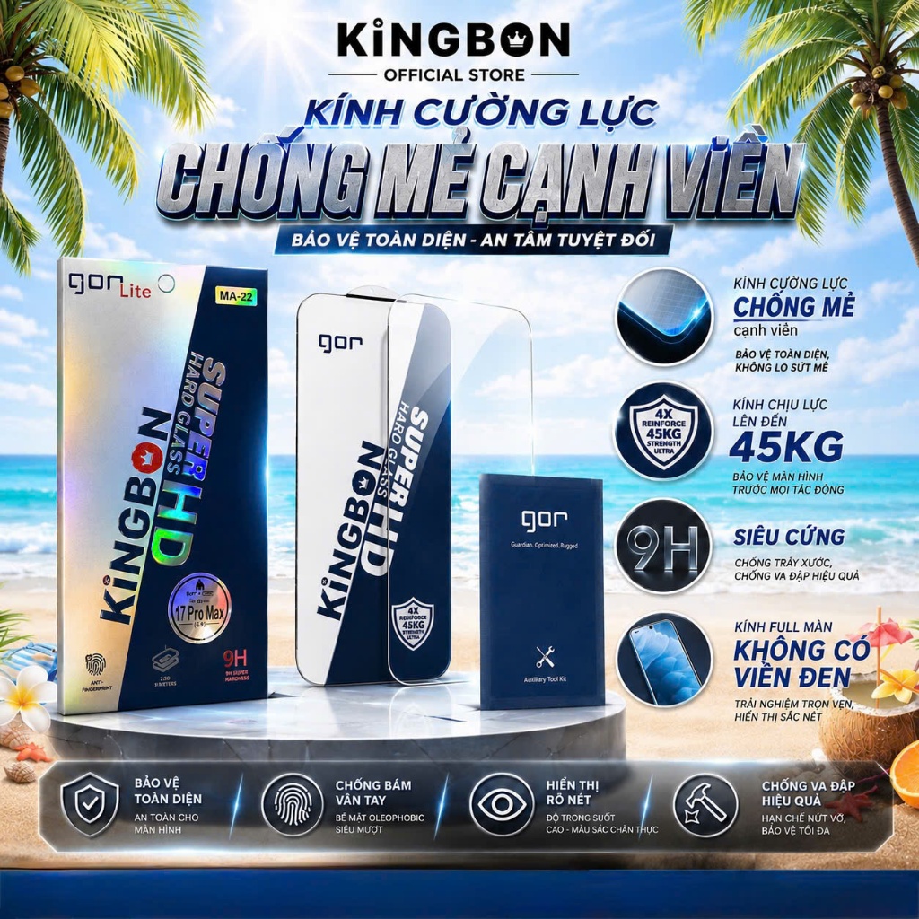 Kính iPhone Siêu Chịu Lực lên Đến 45KG GOR x KiNGBON Chống Mẻ Cạnh Viền Độ Bền Bỉ Siêu Cao