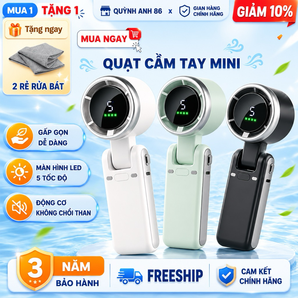 Quạt cầm tayN607 pin 1200 mah sử dụng 2-4h  5  cấp gió TuBor thiết kế gấp gọn thuận tiện bỏ túi HOT 2026