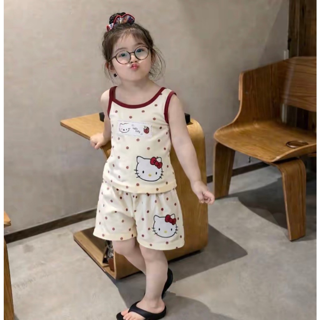 Set bộ bé gái Hello Kitty E. C 2 dây và sát nách siêu xinh, đồ mặc hè hoạ tiết dễ thương cho bé từ 10-35kg