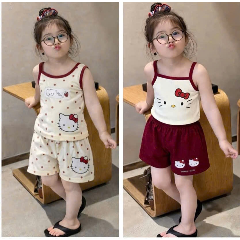 Set bộ bé gái Hello Kitty E. C 2 dây và sát nách siêu xinh, đồ mặc hè hoạ tiết dễ thương cho bé từ 10-35kg