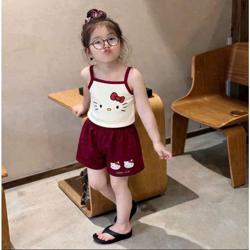 Set bộ bé gái Hello Kitty E. C 2 dây và sát nách siêu xinh, đồ mặc hè hoạ tiết dễ thương cho bé từ 10-35kg