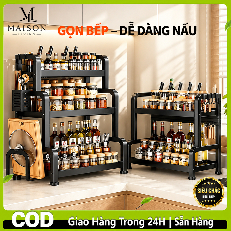 Kệ Gia Vị Đa Năng 2/3 Tầng, Kệ Nhà Bếp Để Gia Vị Chai Lọ, Bát Đũa Dao Thớt, Khung Dày Chắc