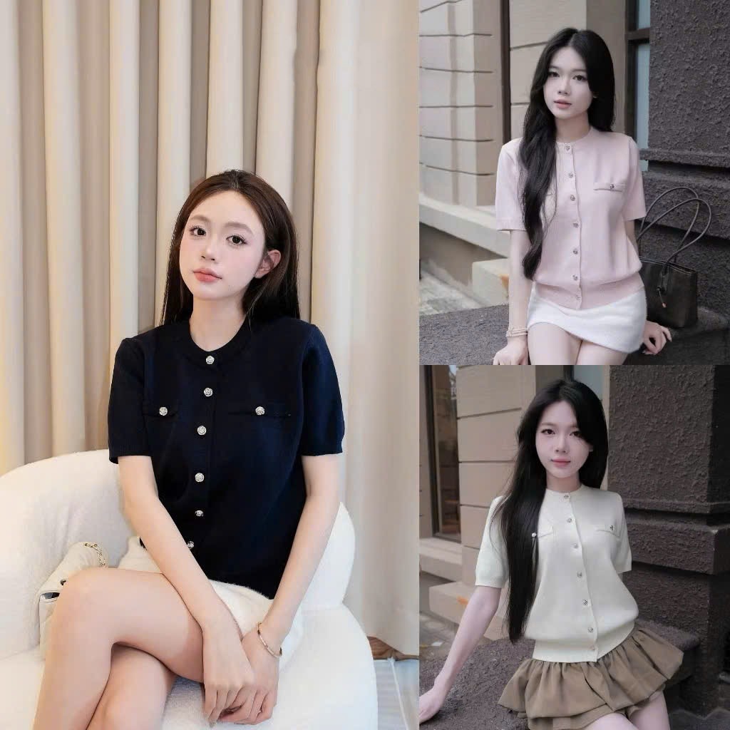 Áo len nữ cộc tay dệt kim ép mịn dầy dặn cúc hoa form vừa SUMIISHOP mã AL129