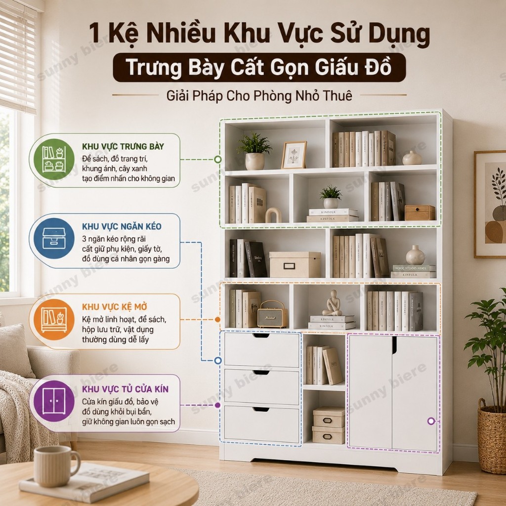 Kệ sách đứng trắng hiện Đại nhiều ngăn Có tủ cửa ngăn kéo Gọn cho phòng nhỏ thuê 𝙎𝙐𝙉𝙉𝙔 𝘽𝙄𝙀𝙍𝙀