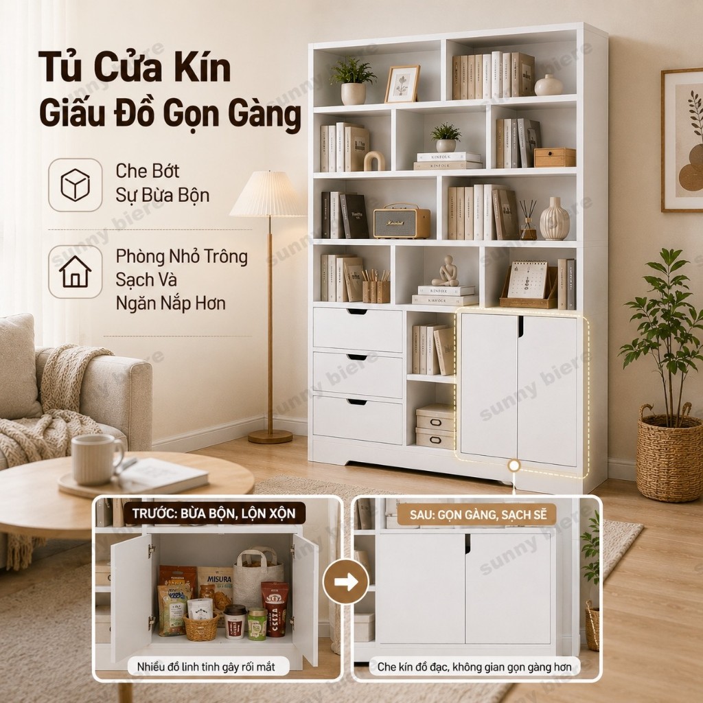 Kệ sách đứng trắng hiện Đại nhiều ngăn Có tủ cửa ngăn kéo Gọn cho phòng nhỏ thuê 𝙎𝙐𝙉𝙉𝙔 𝘽𝙄𝙀𝙍𝙀
