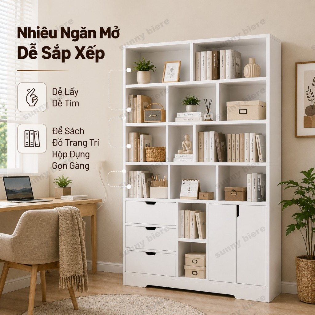 Kệ sách đứng trắng hiện Đại nhiều ngăn Có tủ cửa ngăn kéo Gọn cho phòng nhỏ thuê 𝙎𝙐𝙉𝙉𝙔 𝘽𝙄𝙀𝙍𝙀