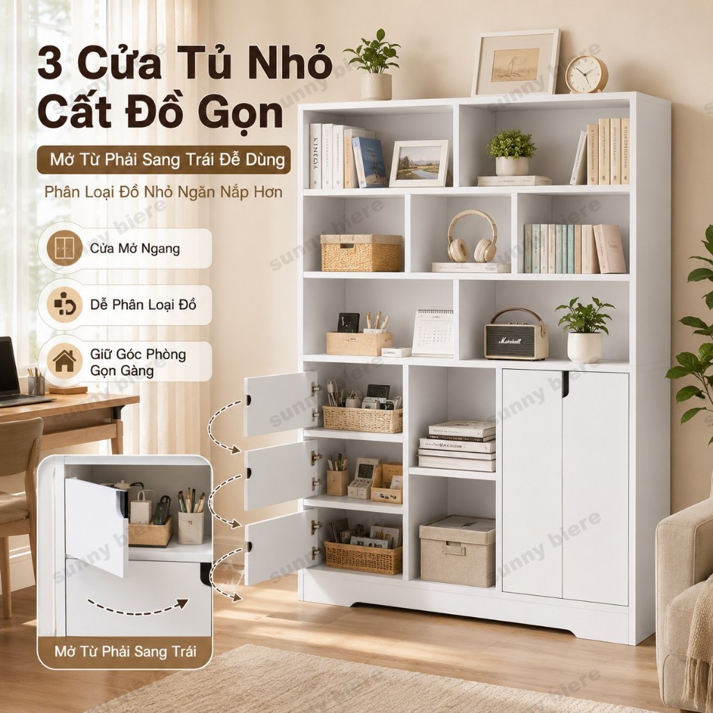 Kệ sách đứng trắng hiện Đại nhiều ngăn Có tủ cửa ngăn kéo Gọn cho phòng nhỏ thuê 𝙎𝙐𝙉𝙉𝙔 𝘽𝙄𝙀𝙍𝙀