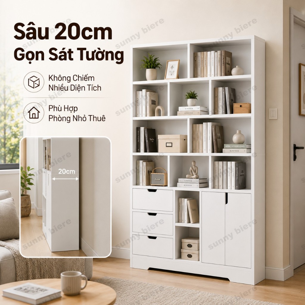 Kệ sách đứng trắng hiện Đại nhiều ngăn Có tủ cửa ngăn kéo Gọn cho phòng nhỏ thuê 𝙎𝙐𝙉𝙉𝙔 𝘽𝙄𝙀𝙍𝙀