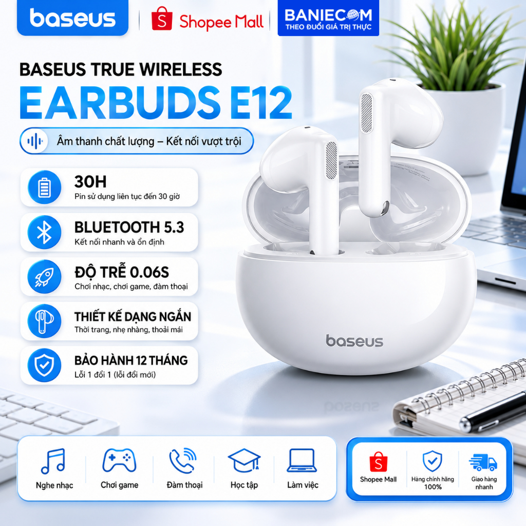 Tai nghe Bluetooth không dây BASEUS Bowie E12 TWS Thân Ngắn Pin 30 Giờ Độ Trễ 0.06s Có App GPS