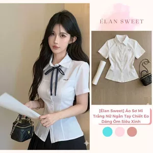 Áo Sơ Mi Trắng Nữ Ngắn Tay Chiết Eo Dáng Ôm Siêu Xinh, Áo Sơ Mi Thêu Chữ Beloved Basic Hàn Quốc Hot