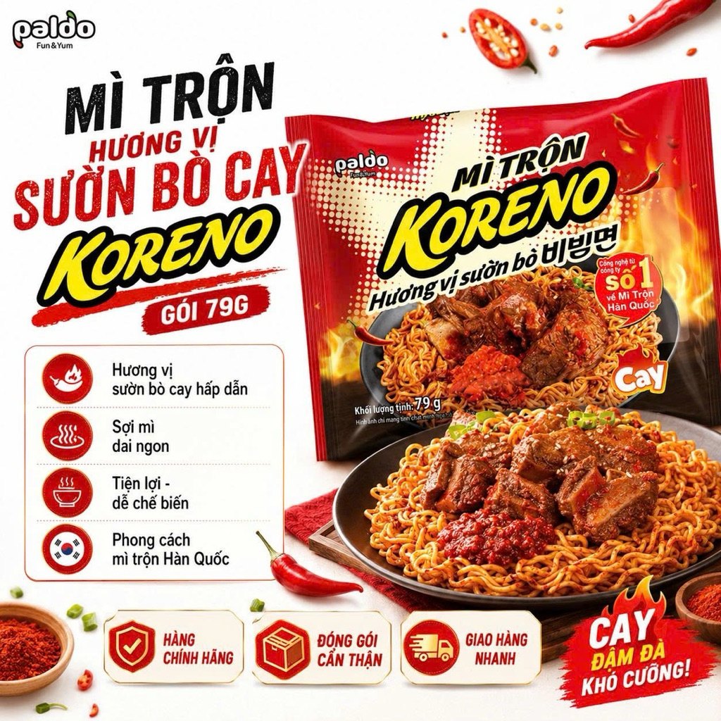 Mì Trộn Koreno Hương Vị Sườn Bò Cay 79G Thùng 40 Gói- Cay Đậm Đà, Sợi Mì Dai Ngon, Chuẩn Vị Hàn