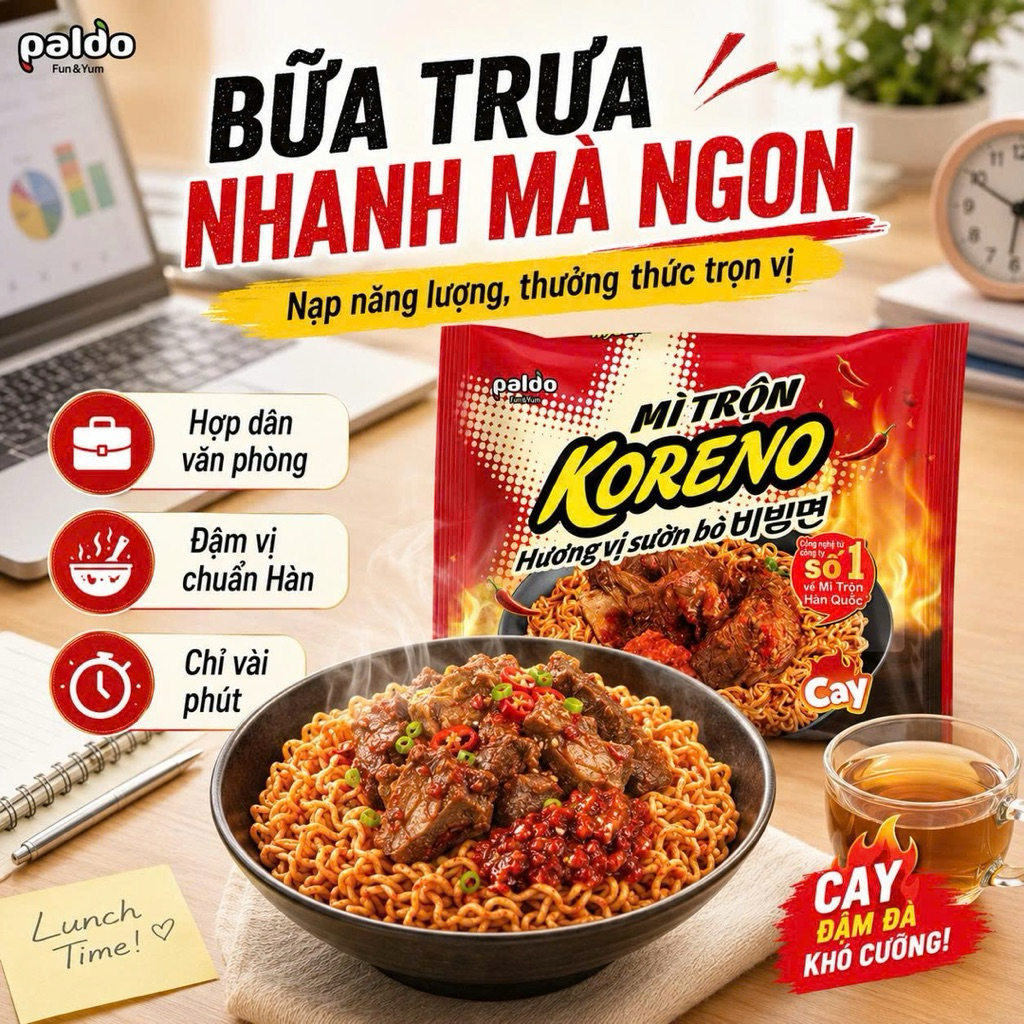 Mì Trộn Koreno Hương Vị Sườn Bò Cay 79G Thùng 40 Gói- Cay Đậm Đà, Sợi Mì Dai Ngon, Chuẩn Vị Hàn