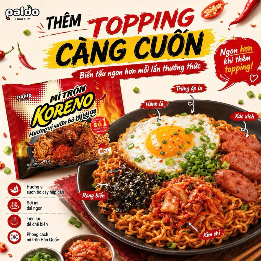Mì Trộn Koreno Hương Vị Sườn Bò Cay 79G Thùng 40 Gói- Cay Đậm Đà, Sợi Mì Dai Ngon, Chuẩn Vị Hàn
