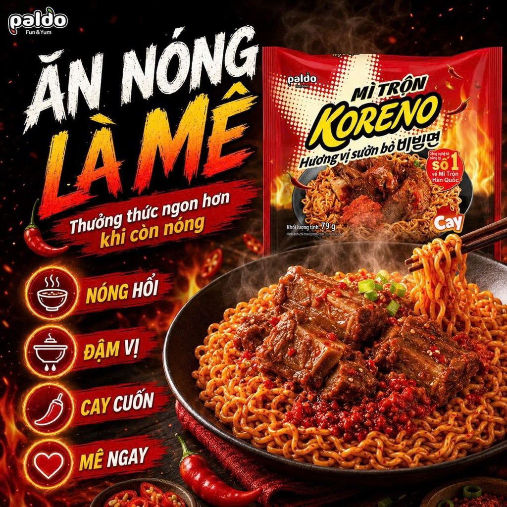 Mì Trộn Koreno Hương Vị Sườn Bò Cay 79G Thùng 40 Gói- Cay Đậm Đà, Sợi Mì Dai Ngon, Chuẩn Vị Hàn