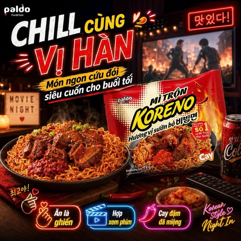 Mì Trộn Koreno Hương Vị Sườn Bò Cay 79G Thùng 40 Gói- Cay Đậm Đà, Sợi Mì Dai Ngon, Chuẩn Vị Hàn