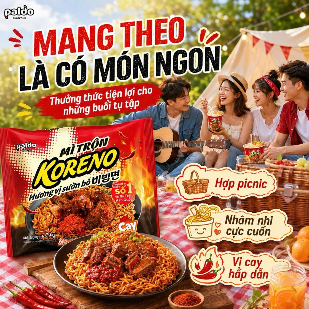 Mì Trộn Koreno Hương Vị Sườn Bò Cay 79G Thùng 40 Gói- Cay Đậm Đà, Sợi Mì Dai Ngon, Chuẩn Vị Hàn