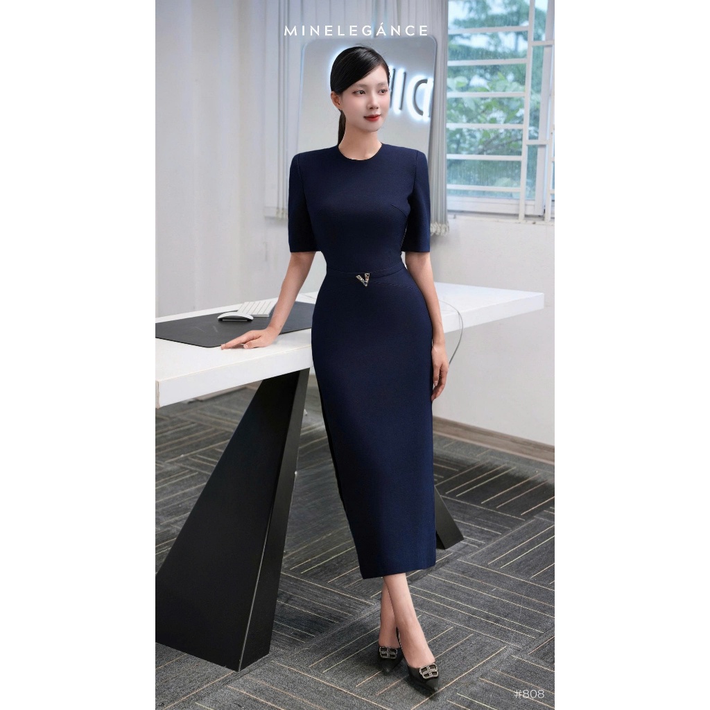 MINELEGÁNCE | VÁY CỔ TRÒN ĐAI ĐÁ DÁNG DÀI, SANG TRỌNG, THANH LỊCH - MIN808