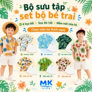Set Bộ Bé Trai MK Kids Áo Sơ Mi Họa Tiết Đáng Yêu Nổi Bật - Đi Biển Mùa Hè - Chất Đũi Tơ Mềm Mịn Cho Bé 2-8 Tuổi