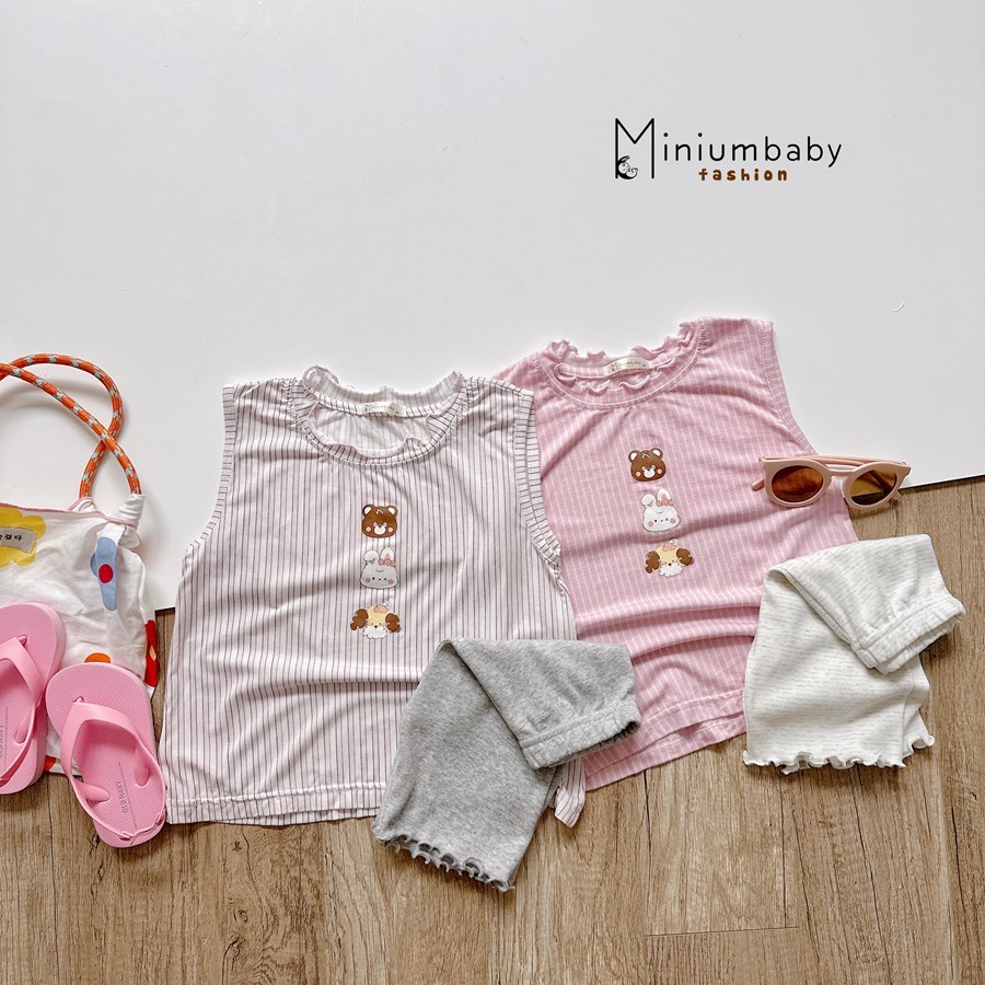 Set bộ sát nách bé gái Miniumbaby in hình gấu thỏ phối quần legging cộc, chất cotton mềm mát SB2776
