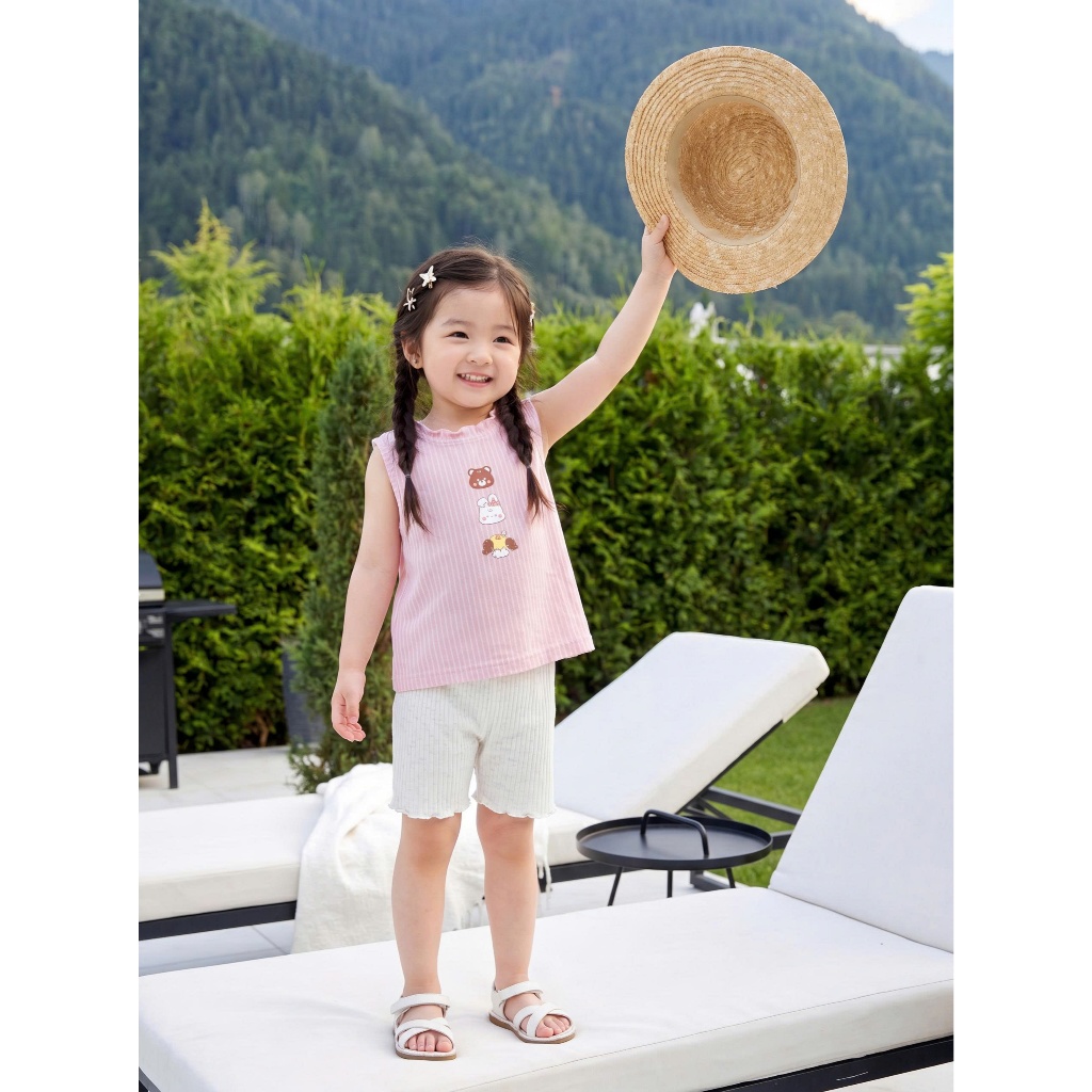 Set bộ sát nách bé gái Miniumbaby in hình gấu thỏ phối quần legging cộc, chất cotton mềm mát SB2776