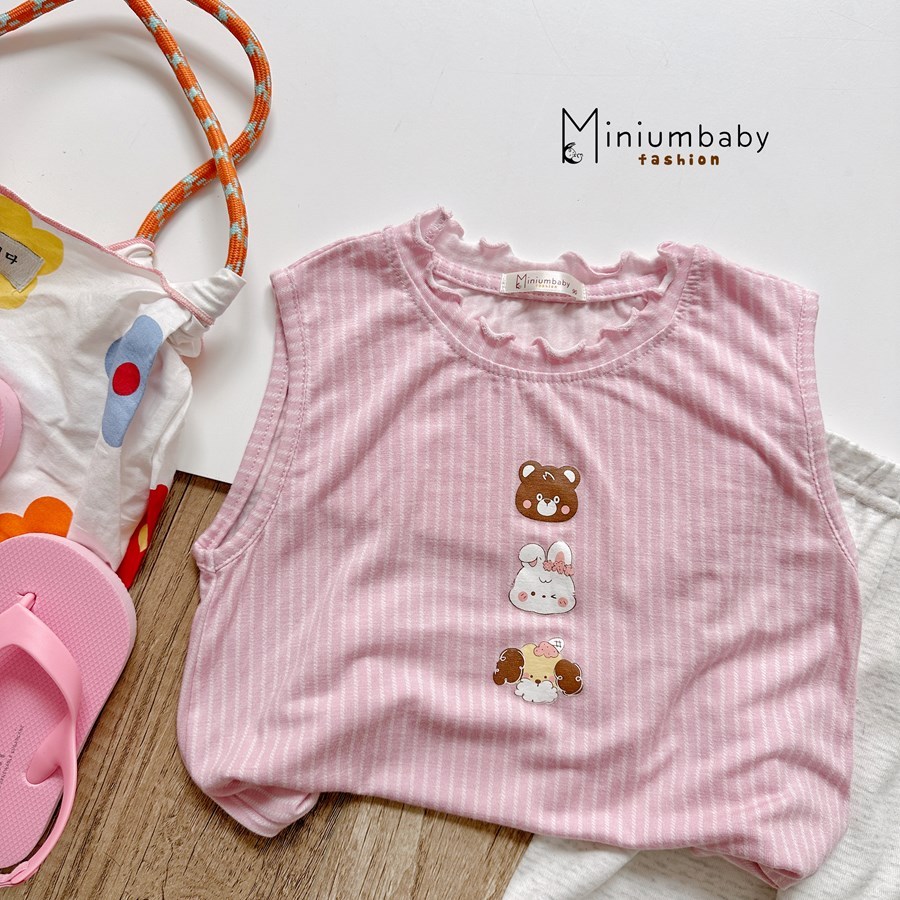 Set bộ sát nách bé gái Miniumbaby in hình gấu thỏ phối quần legging cộc, chất cotton mềm mát SB2776
