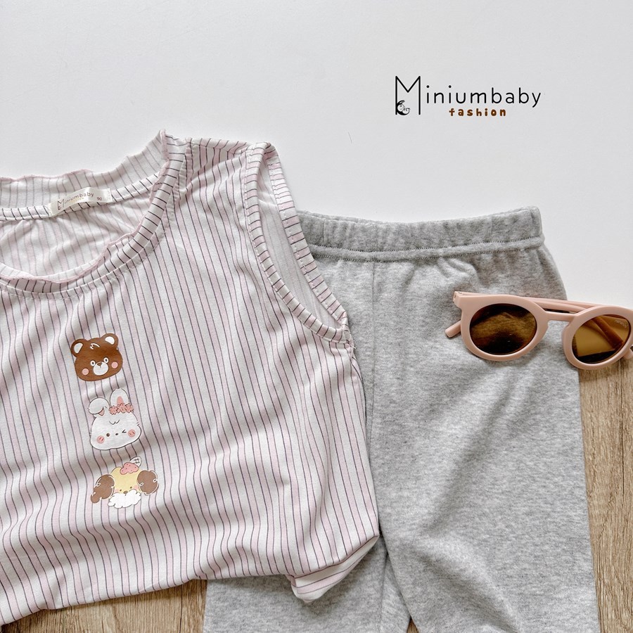 Set bộ sát nách bé gái Miniumbaby in hình gấu thỏ phối quần legging cộc, chất cotton mềm mát SB2776