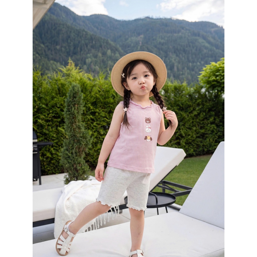 Set bộ sát nách bé gái Miniumbaby in hình gấu thỏ phối quần legging cộc, chất cotton mềm mát SB2776
