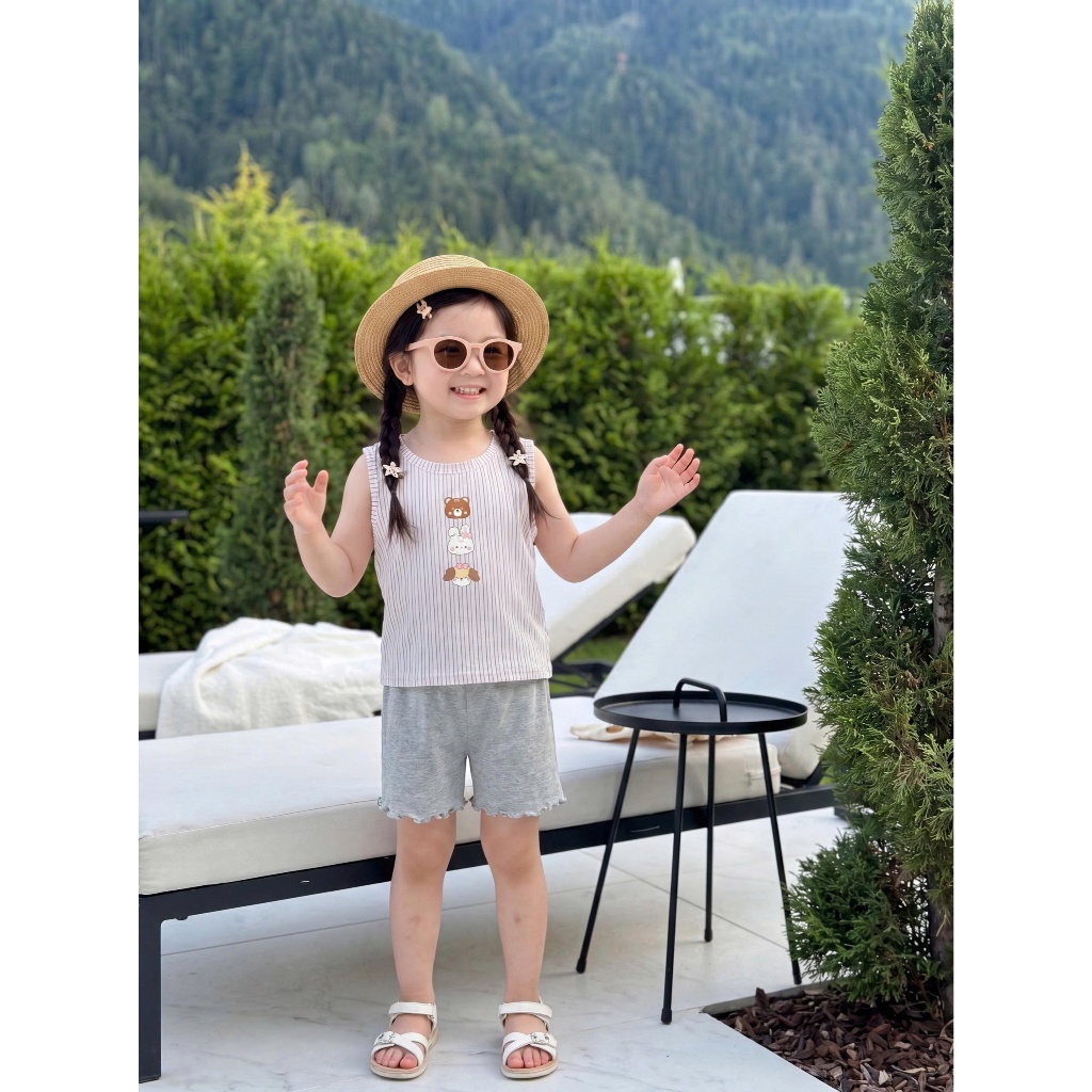 Set bộ sát nách bé gái Miniumbaby in hình gấu thỏ phối quần legging cộc, chất cotton mềm mát SB2776
