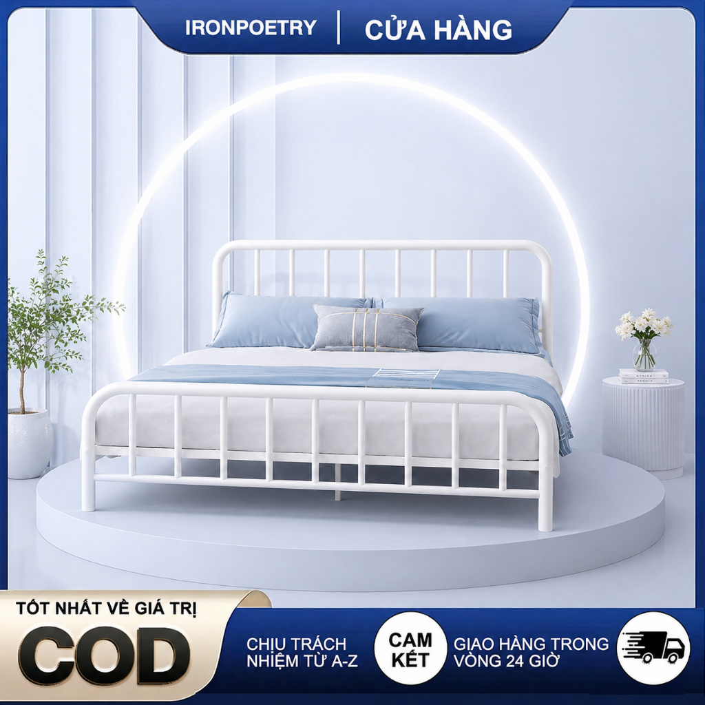 IRONPO Giường sắt phòng ngủ khung giường chất lượng cao chịu lực 600kg kích thước 1m/1m2/1m5/1m6/1m8
