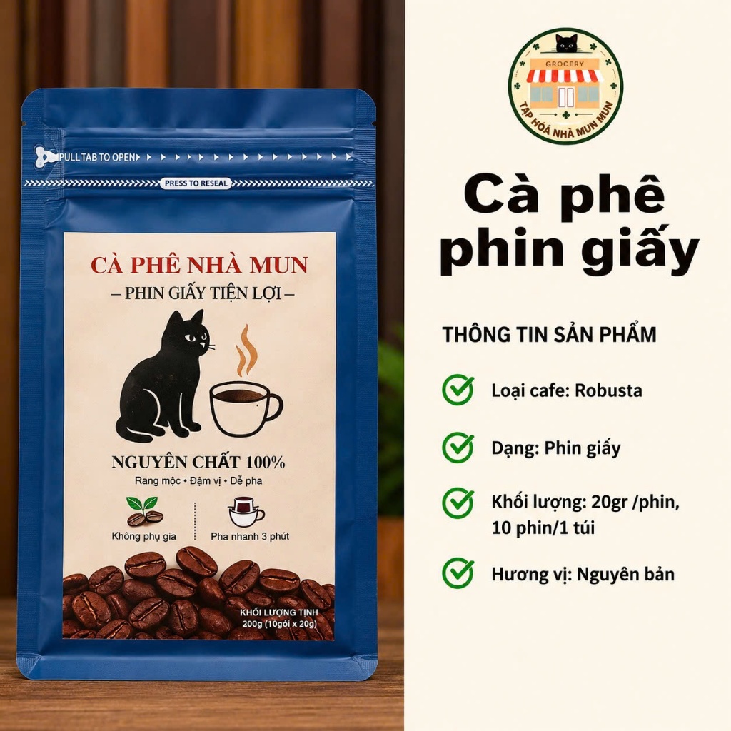 Cà phê phin giấy Robusta nguyên chất – Pha nhanh tiện lợi, đậm vị, mang đi du lịch – Hộp 10 gói | MM01