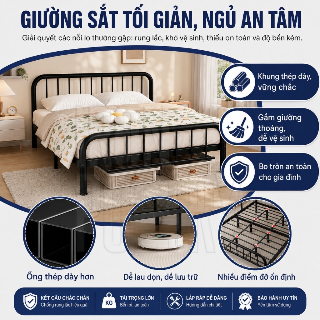 Khung giường sắt Giường sắt rèn Khung Giường thép nặng Gia cố và làm dày1m/1m2/1m5/1m8Nhiều kích cỡ