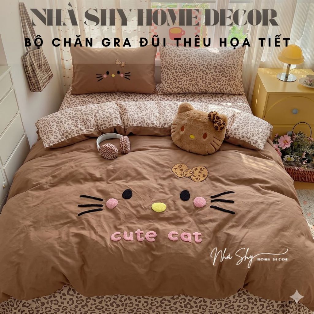 Trọn Bộ Cotton Tici Đũi Họa Tiết Thêu Nổi Bộ 4 Món Ga Gối Vỏ Chăn Không Kèm Ruột - Chất Đũi - Nhà Shy Home Decor