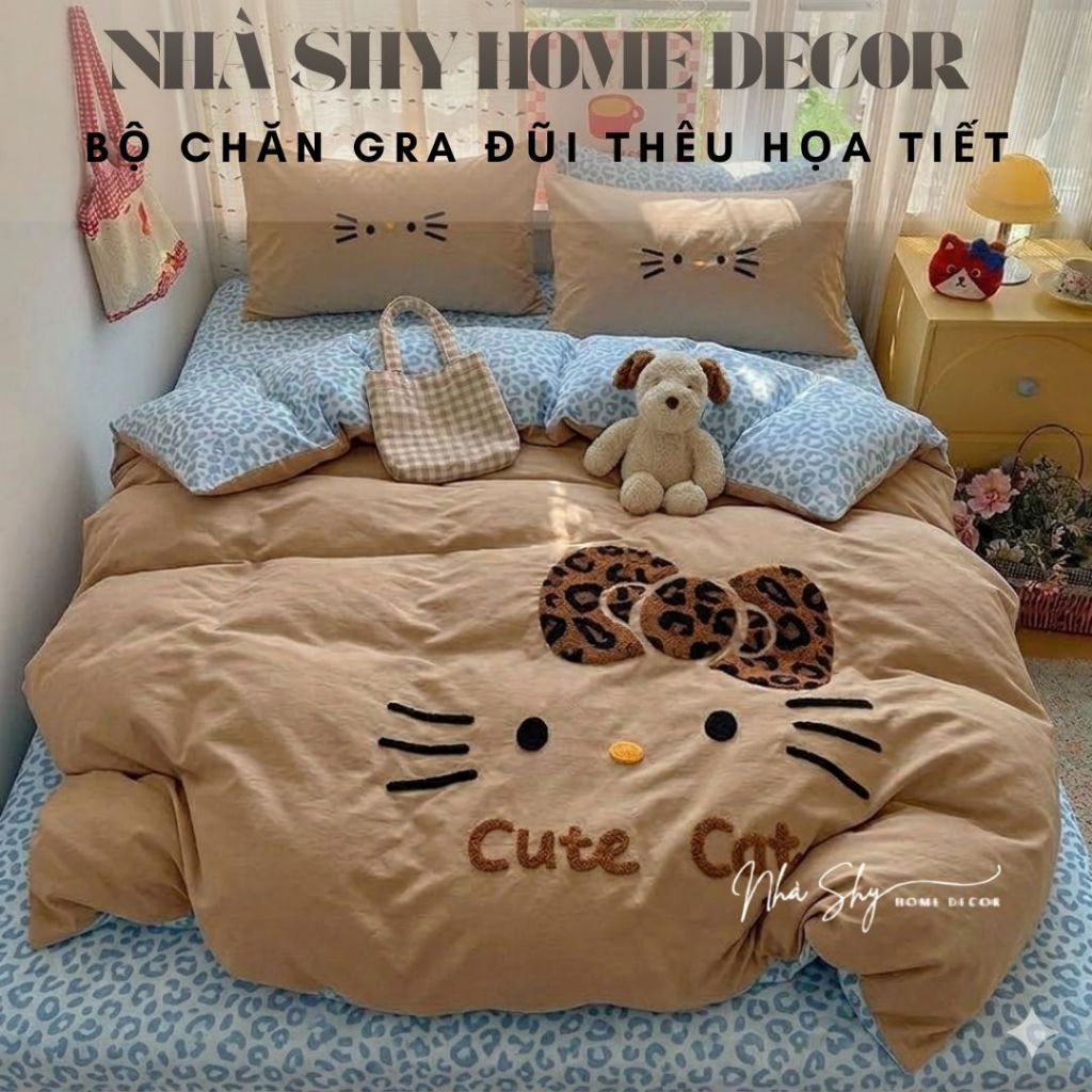 Trọn Bộ Cotton Tici Đũi Họa Tiết Thêu Nổi Bộ 4 Món Ga Gối Vỏ Chăn Không Kèm Ruột - Chất Đũi - Nhà Shy Home Decor