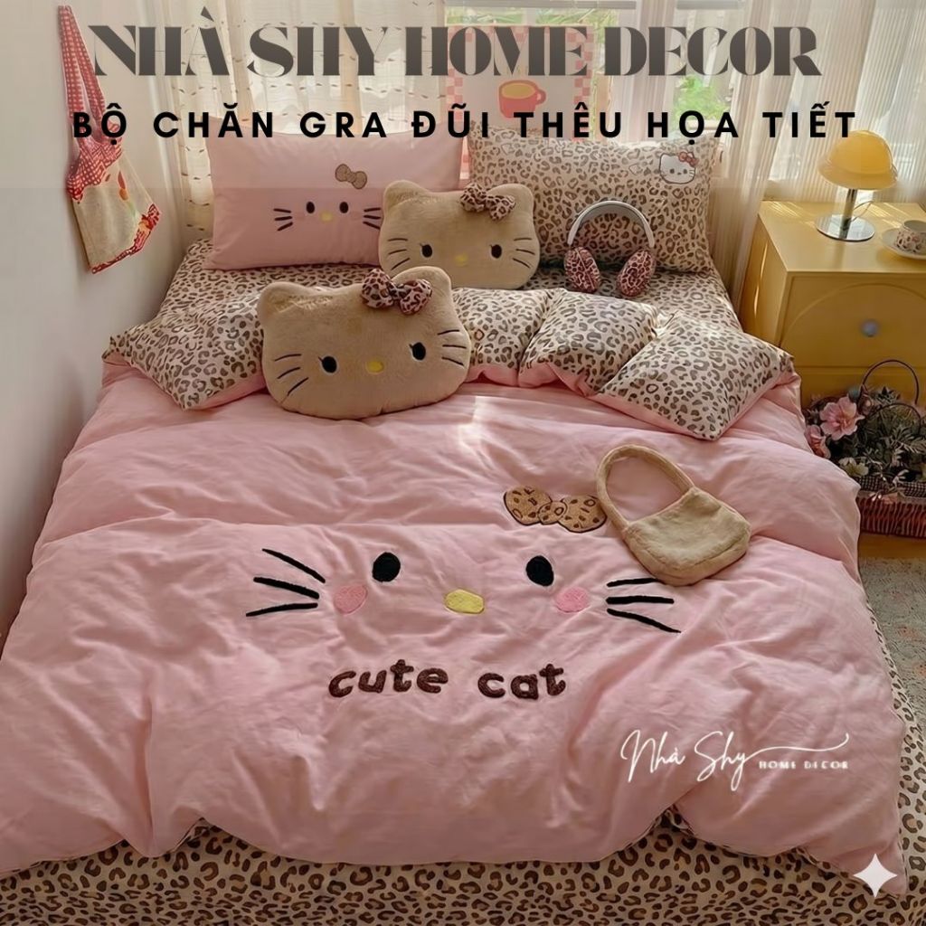 Trọn Bộ Cotton Tici Đũi Họa Tiết Thêu Nổi Bộ 4 Món Ga Gối Vỏ Chăn Không Kèm Ruột - Chất Đũi - Nhà Shy Home Decor