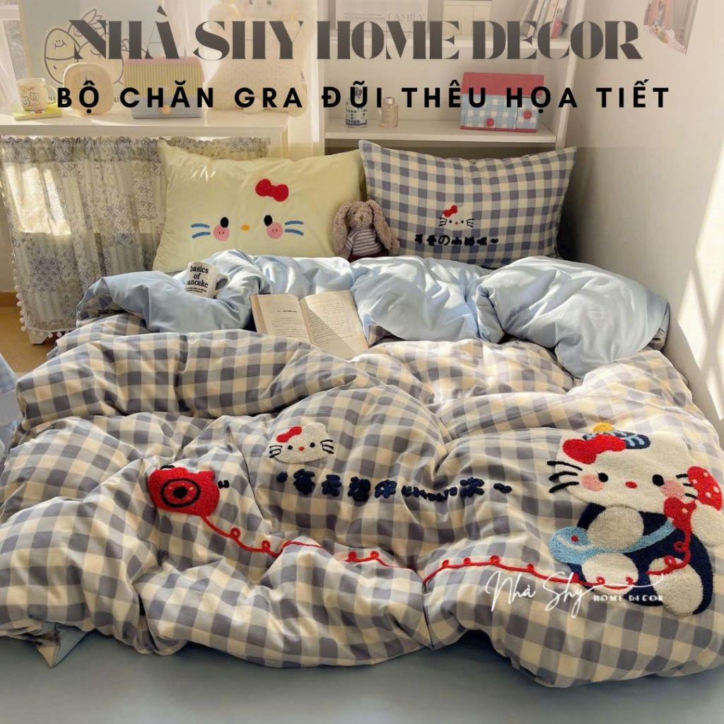 Trọn Bộ Cotton Tici Đũi Họa Tiết Thêu Nổi Bộ 4 Món Ga Gối Vỏ Chăn Không Kèm Ruột - Chất Đũi - Nhà Shy Home Decor