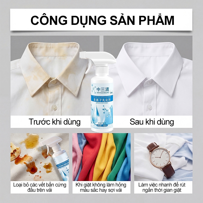 Nước tẩy quần áo,  Xịt loại bỏ mọi vết ố vàng, Tẩy Sạch Vết Ố Cổ Áo, Ố Nách, Không Cần Chà, Không Hại Vải, An Toàn Cho D