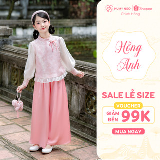 [HÀNG SẴN] - Set đồ Tết cho bé gái HUMY NGO bé 4-12 tuổi, áo cổ Tàu vải gấm tay voan phối quần hồng pastel [S193