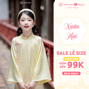 Áo dài cách tân bé gái HUMY NGO vải lụa gấm 4 tà phối màu vàng hồng - Áo dài kèm quần bé 4-12 tuổi - Bé mặc chụp [AD186]
