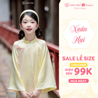 Áo dài cách tân bé gái HUMY NGO vải lụa gấm 4 tà phối màu vàng hồng - Áo dài kèm quần bé 4-12 tuổi - Bé mặc chụp [AD186]