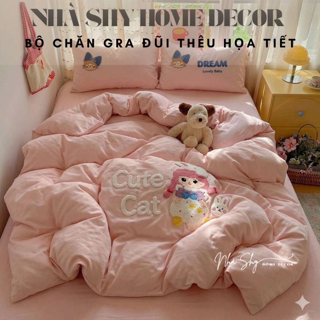 Bộ Chăn Gra Gối Đũi Thêu Nổi Hoạ Tiết Animals 3D Cao Cấp - Bộ Vỏ Chăn 4 Món - Nhà Shy Home Decor