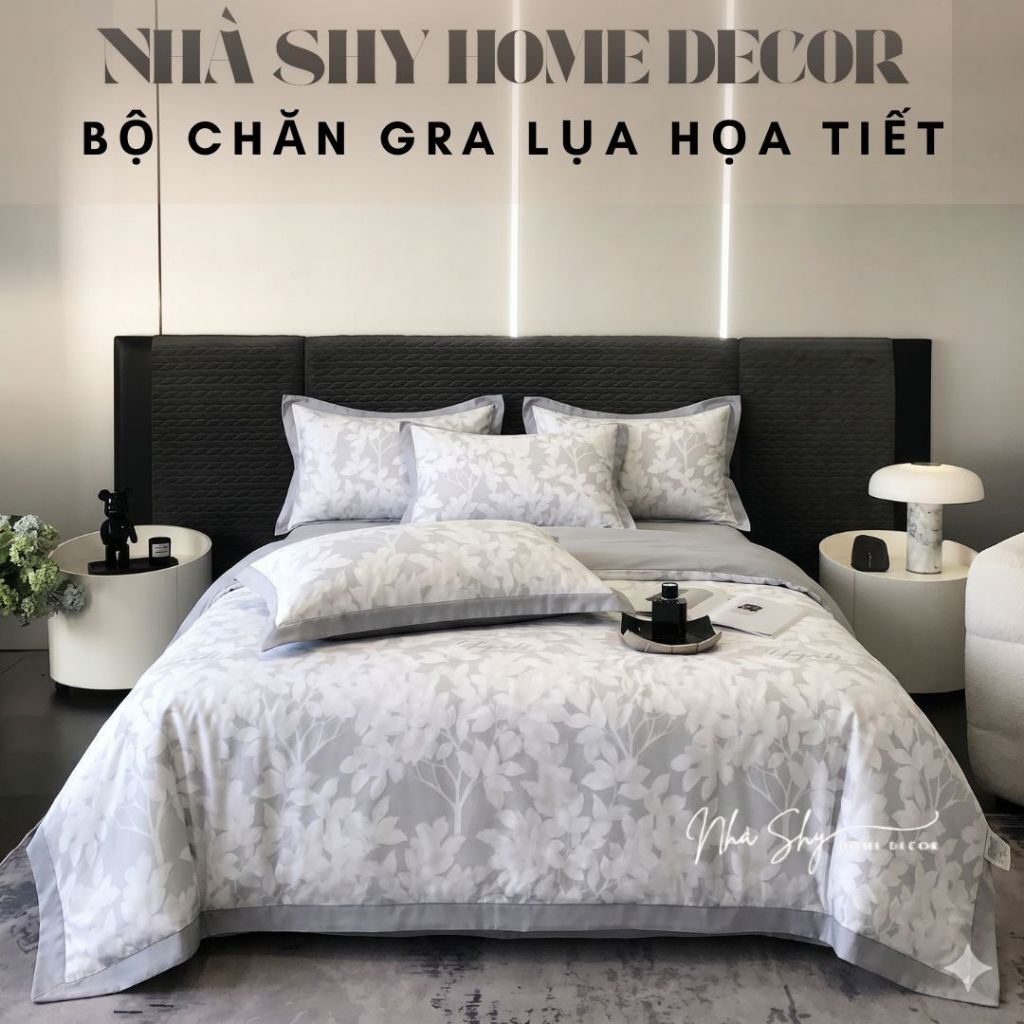 Bộ Chăn Ga Gối Lụa Hoạ Tiết Chất Liệu Thoáng Mát - Bộ 4 Món Chăn Drap Vỏ Gối Nằm - Chăn Chần Bông Nhà Shy Home Decor