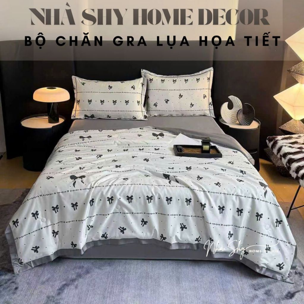 Bộ Chăn Ga Gối Lụa Hoạ Tiết Chất Liệu Thoáng Mát - Bộ 4 Món Chăn Drap Vỏ Gối Nằm - Chăn Chần Bông Nhà Shy Home Decor