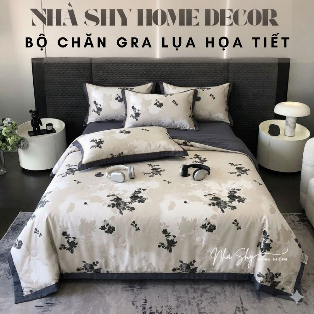 Bộ Chăn Ga Gối Lụa Hoạ Tiết Chất Liệu Thoáng Mát - Bộ 4 Món Chăn Drap Vỏ Gối Nằm - Chăn Chần Bông Nhà Shy Home Decor