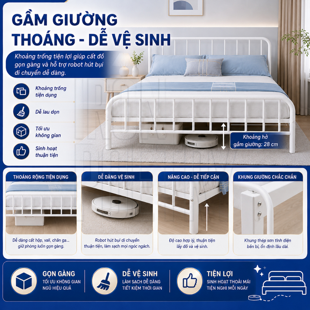 IRONPO Giường sắt phòng ngủ khung giường chất lượng cao chịu lực 600kg kích thước 1m/1m2/1m5/1m6/1m8