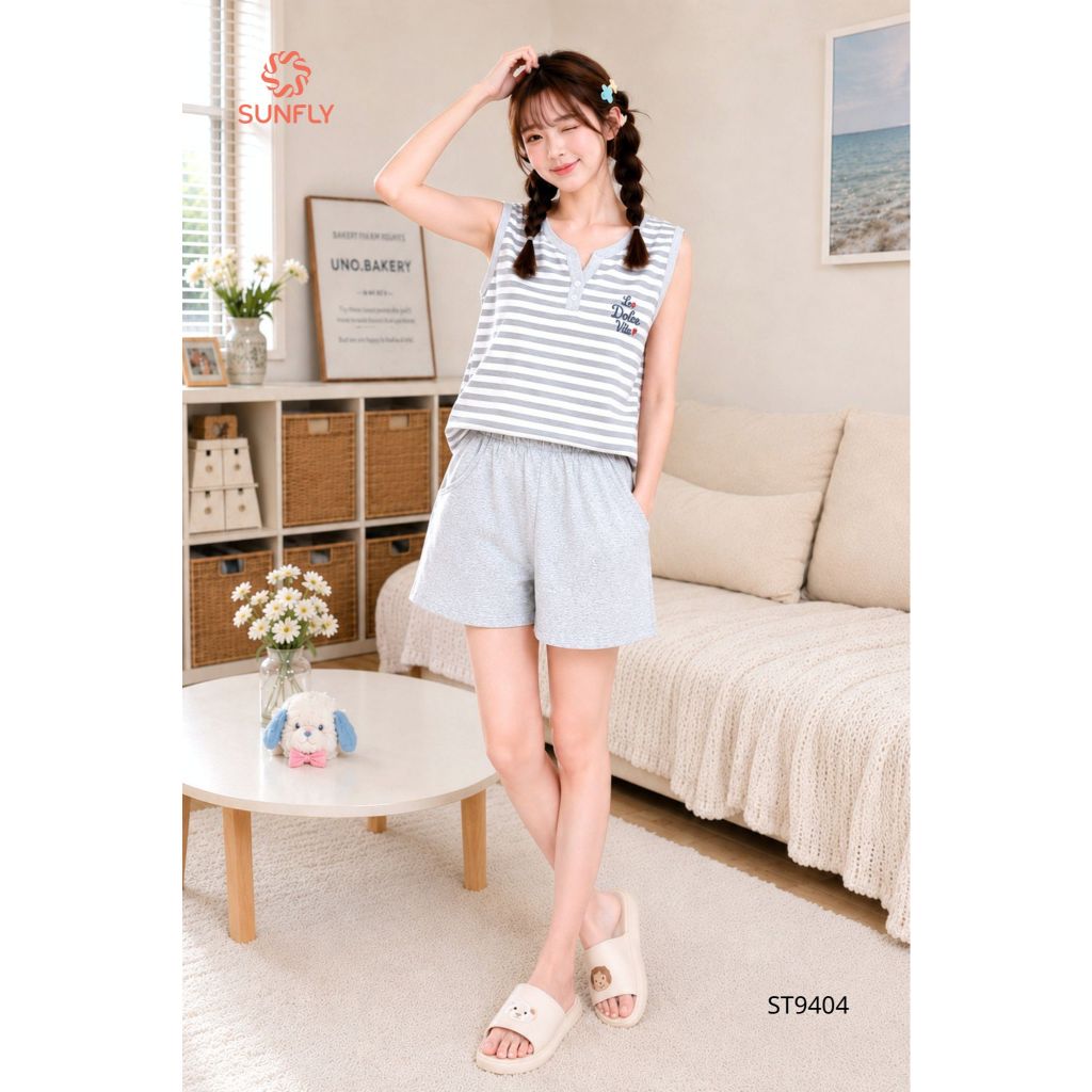 ST9404 Đồ bộ mặc nhà nữ cotton áo sát nách quần sooc