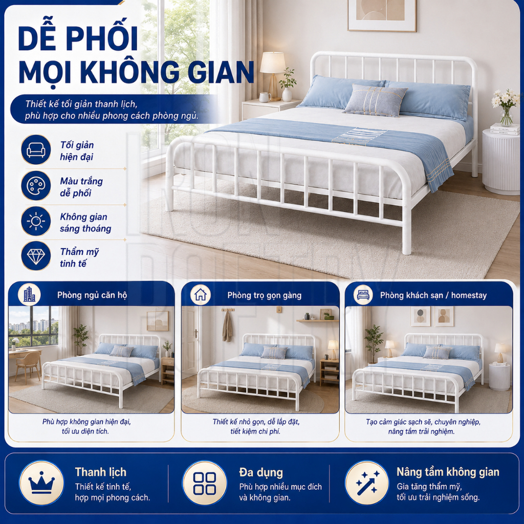 IRONPO Giường sắt phòng ngủ khung giường chất lượng cao chịu lực 600kg kích thước 1m/1m2/1m5/1m6/1m8