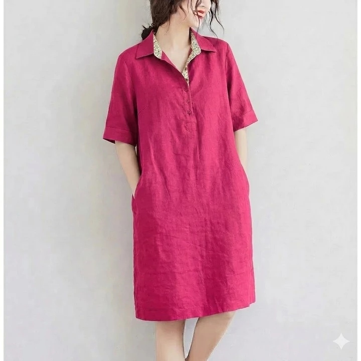 Đầm Suông Linen Nữ Cổ Đức Tay Lỡ Phối Hoa Có Túi, Váy Linen Form Rộng Suông Mát Không Kén Dáng - DS01