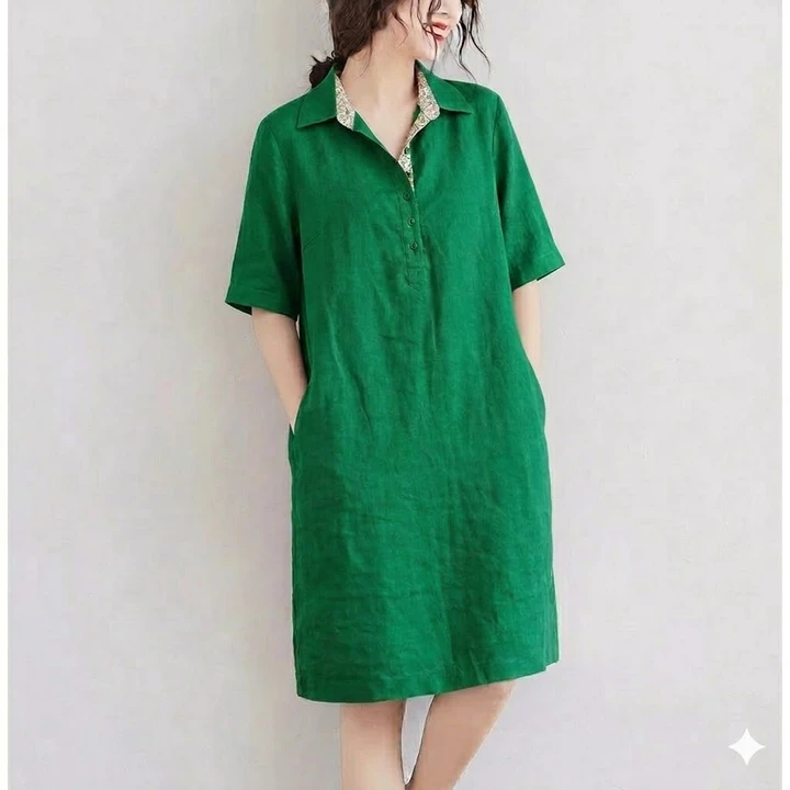 Đầm Suông Linen Nữ Cổ Đức Tay Lỡ Phối Hoa Có Túi, Váy Linen Form Rộng Suông Mát Không Kén Dáng - DS01