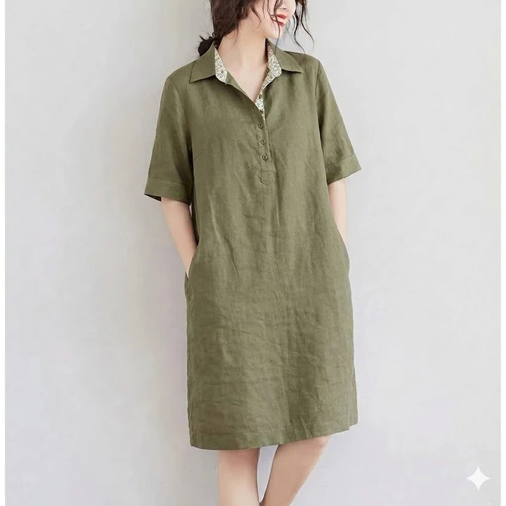 Đầm Suông Linen Nữ Cổ Đức Tay Lỡ Phối Hoa Có Túi, Váy Linen Form Rộng Suông Mát Không Kén Dáng - DS01