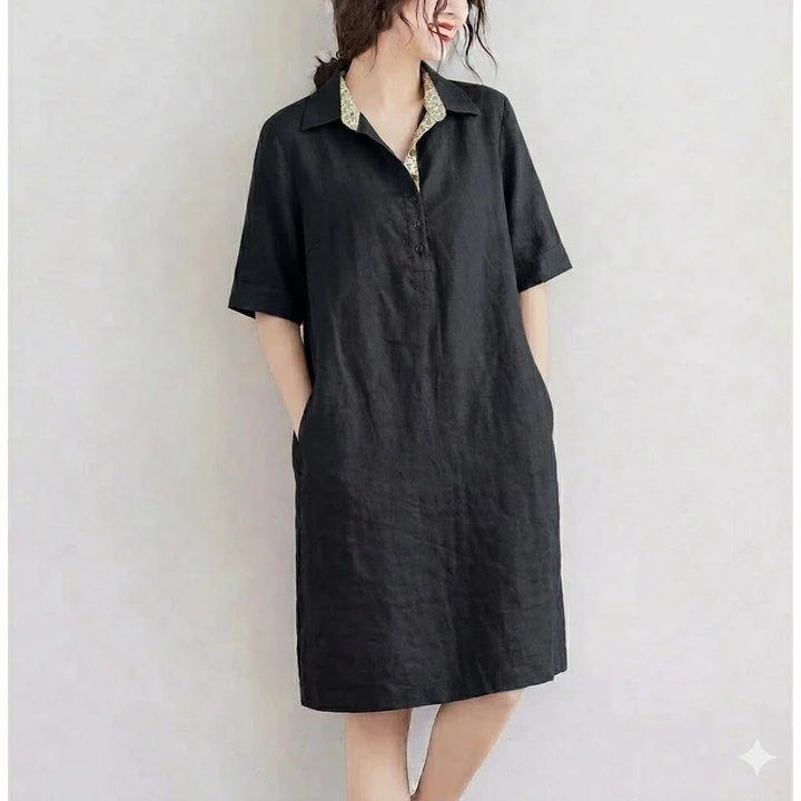 Đầm Suông Linen Nữ Cổ Đức Tay Lỡ Phối Hoa Có Túi, Váy Linen Form Rộng Suông Mát Không Kén Dáng - DS01